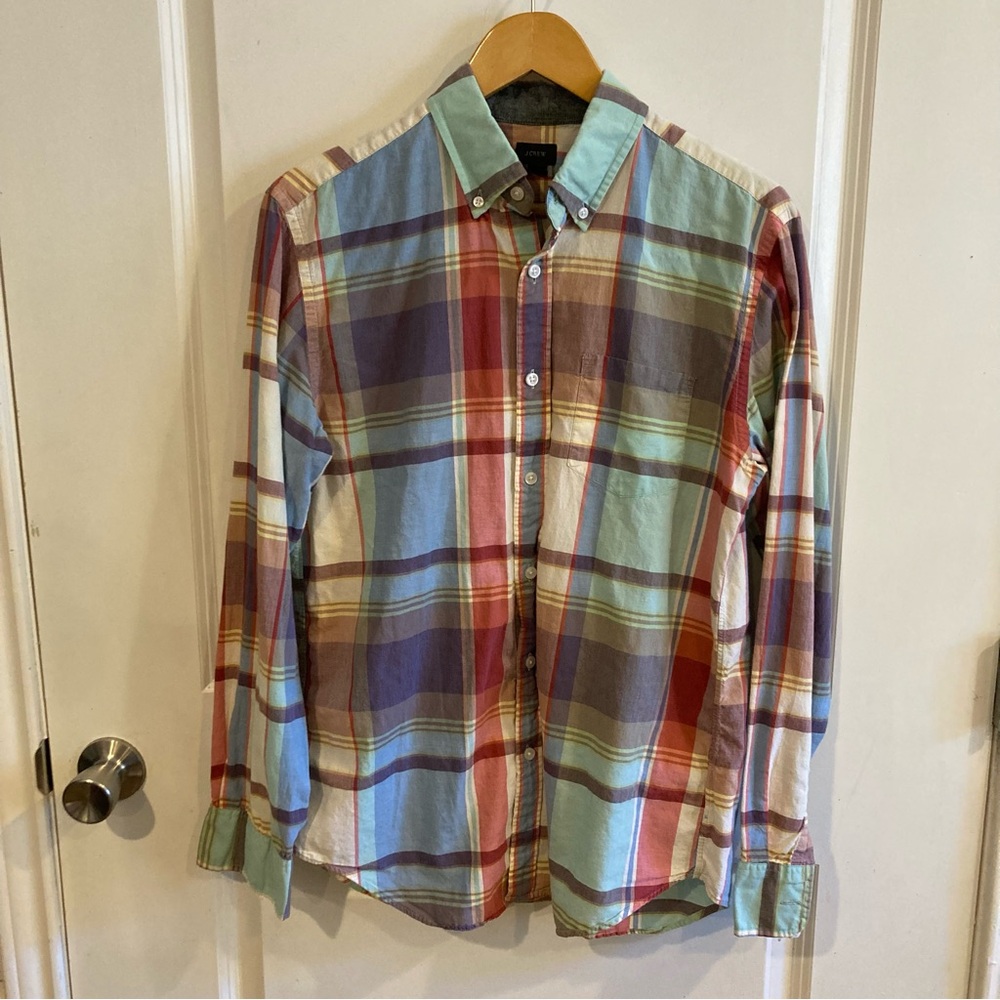 J Crew Plaid Dress Shirt Front Pocket Long Sleeve Mens Sz Medium‎